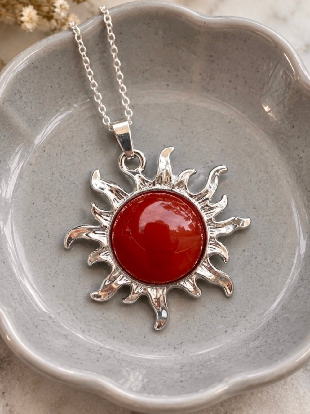 Large Red Agate Sun Pendant Necklace